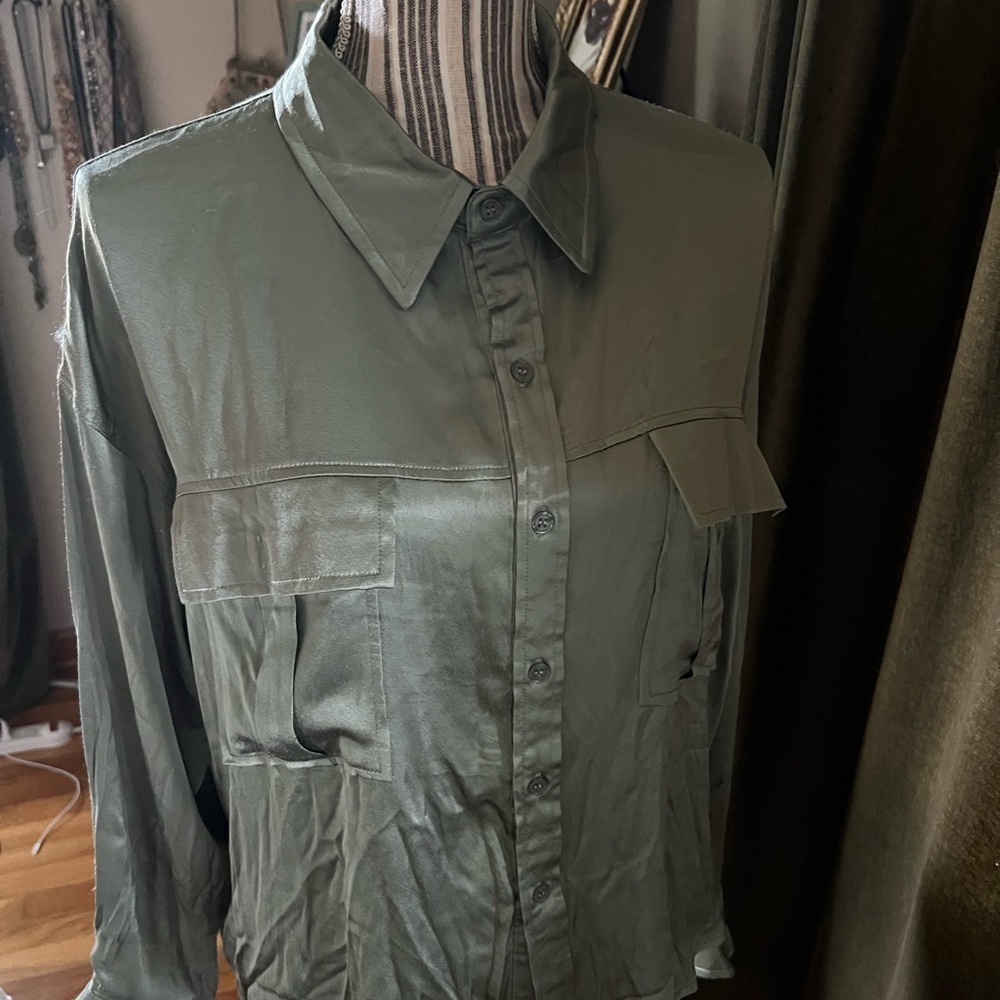 Army green satin oversized button up blouse medium